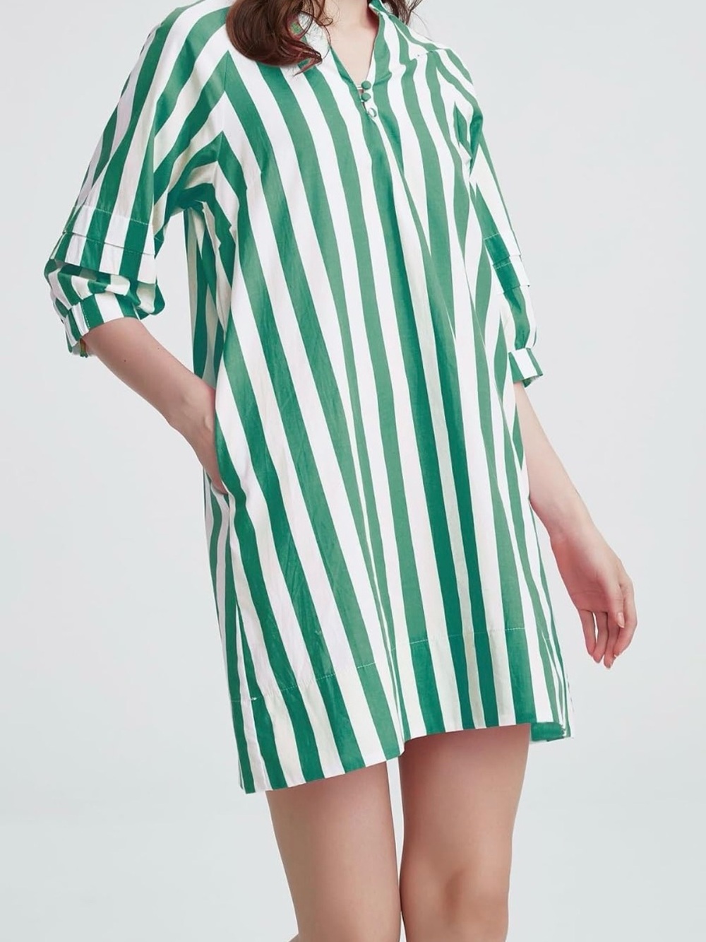 Women's Green and White Striped Tunic Dress